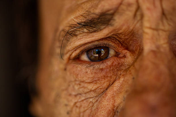 Close up view of a brown eye of a senior man